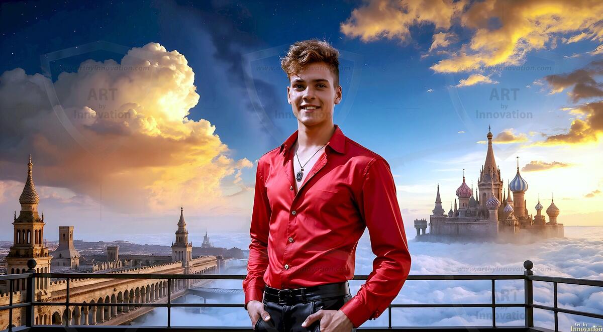 AI-generated Golden City Young Men — beautiful handsome young men in their teens and 20s on balconies overlooking a majestic golden heavenly city. 349 images by Jeff Dupler.