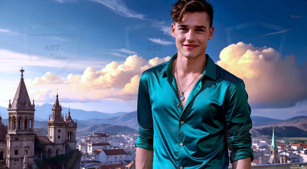 AI-generated Golden City Young Men — beautiful handsome young men in their teens and 20s on balconies overlooking a majestic golden heavenly city. 349 images by Jeff Dupler.