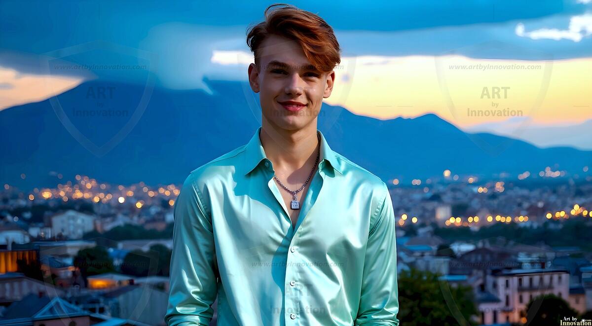 AI-generated Golden City Young Men — beautiful handsome young men in their teens and 20s on balconies overlooking a majestic golden heavenly city. 349 images by Jeff Dupler.