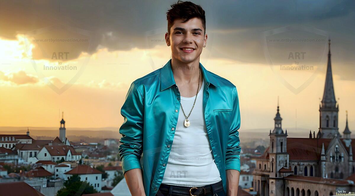 AI-generated Golden City Young Men — beautiful handsome young men in their teens and 20s on balconies overlooking a majestic golden heavenly city. 349 images by Jeff Dupler.