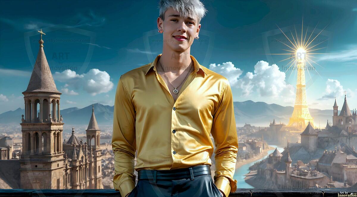 AI-generated Golden City Young Men — beautiful handsome young men in their teens and 20s on balconies overlooking a majestic golden heavenly city. 349 images by Jeff Dupler.