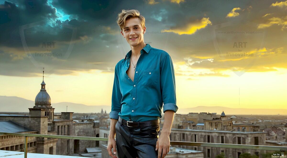 AI-generated Golden City Young Men — beautiful handsome young men in their teens and 20s on balconies overlooking a majestic golden heavenly city. 349 images by Jeff Dupler.