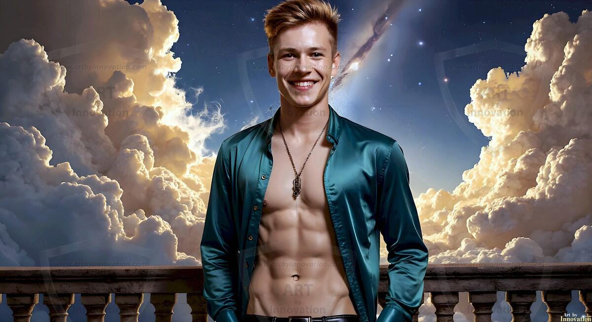 AI-generated Golden City Young Men — beautiful handsome young men in their teens and 20s on balconies overlooking a majestic golden heavenly city. 349 images by Jeff Dupler.