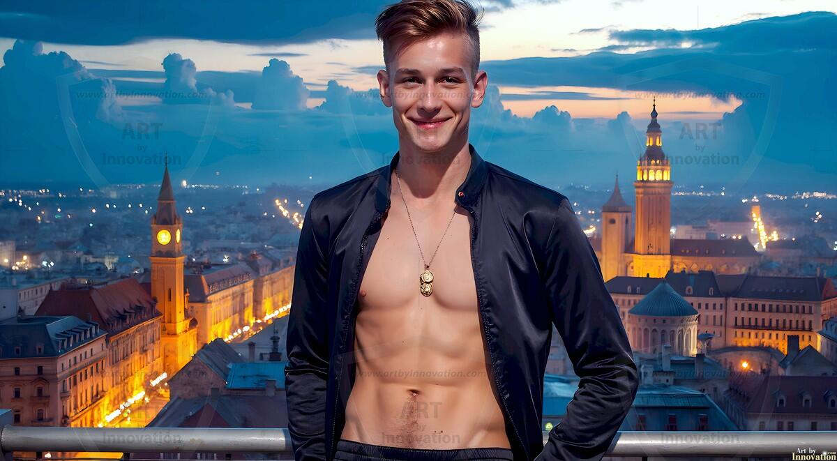 AI-generated Golden City Young Men — beautiful handsome young men in their teens and 20s on balconies overlooking a majestic golden heavenly city. 349 images by Jeff Dupler.