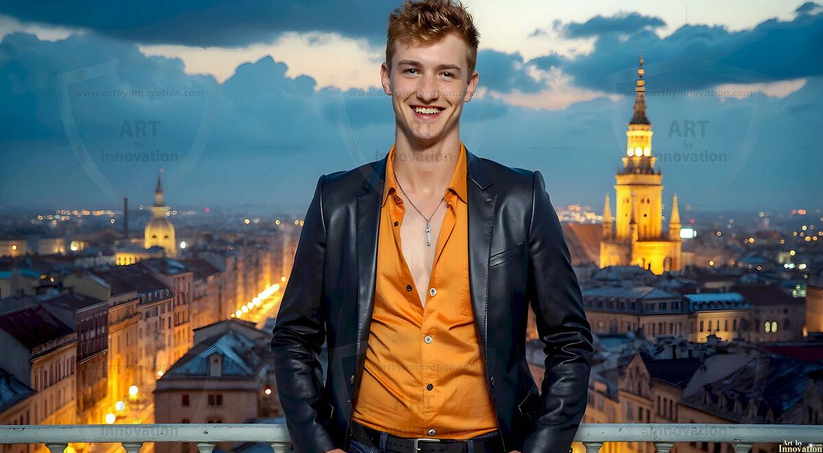 AI-generated Golden City Young Men — beautiful handsome young men in their teens and 20s on balconies overlooking a majestic golden heavenly city. 349 images by Jeff Dupler.