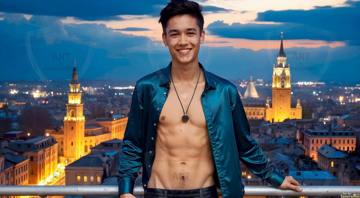 AI-generated Golden City Young Men — beautiful handsome young men in their teens and 20s on balconies overlooking a majestic golden heavenly city. 349 images by Jeff Dupler.