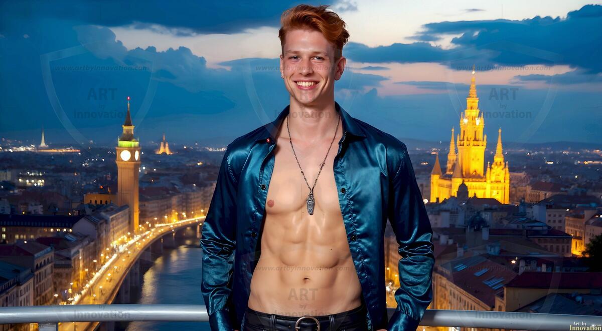 AI-generated Golden City Young Men — beautiful handsome young men in their teens and 20s on balconies overlooking a majestic golden heavenly city. 349 images by Jeff Dupler.