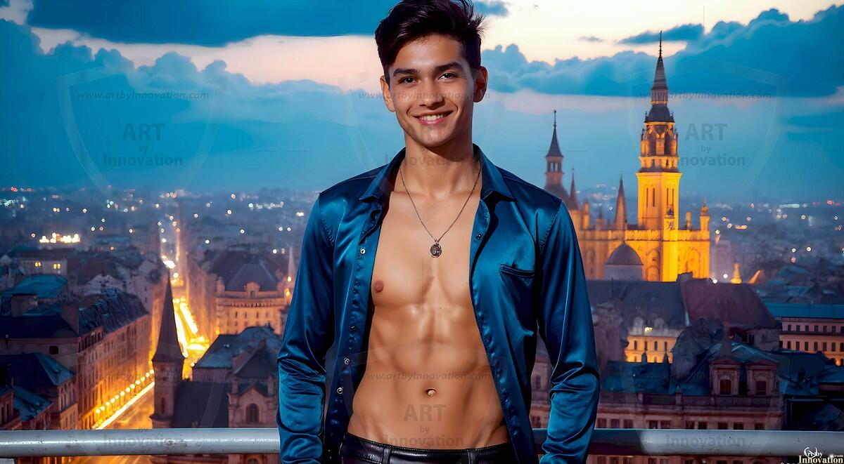 AI-generated Golden City Young Men — beautiful handsome young men in their teens and 20s on balconies overlooking a majestic golden heavenly city. 349 images by Jeff Dupler.