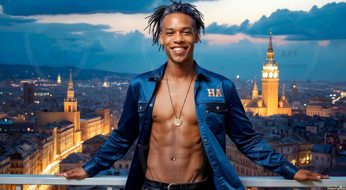 AI-generated Golden City Young Men — beautiful handsome young men in their teens and 20s on balconies overlooking a majestic golden heavenly city. 349 images by Jeff Dupler.