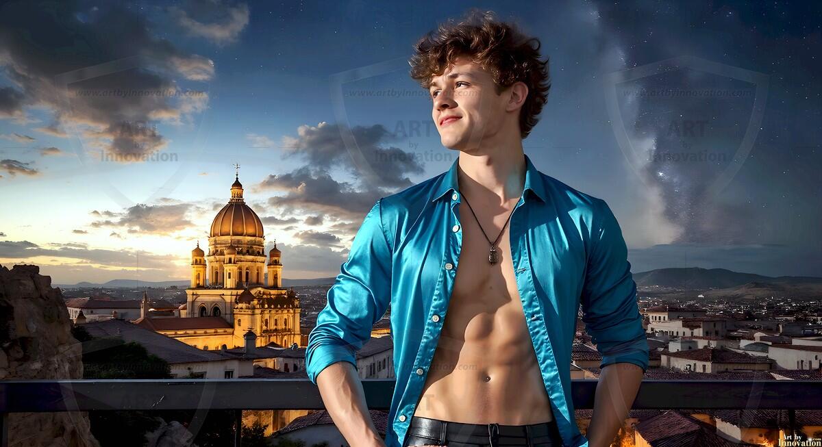 AI-generated Golden City Young Men — beautiful handsome young men in their teens and 20s on balconies overlooking a majestic golden heavenly city. 349 images by Jeff Dupler.
