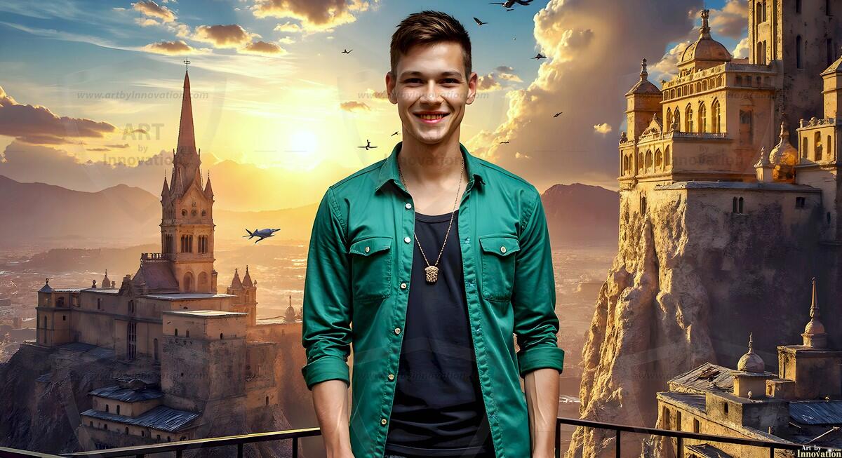AI-generated Golden City Young Men — beautiful handsome young men in their teens and 20s on balconies overlooking a majestic golden heavenly city. 349 images by Jeff Dupler.
