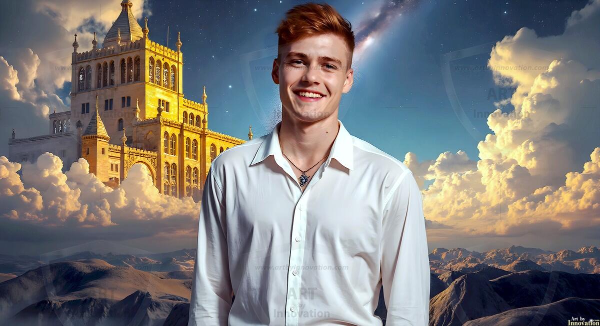 AI-generated Golden City Young Men — beautiful handsome young men in their teens and 20s on balconies overlooking a majestic golden heavenly city. 349 images by Jeff Dupler.