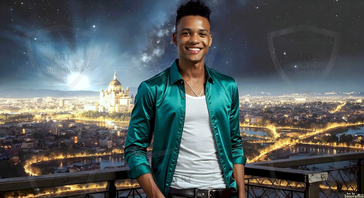 AI-generated Golden City Young Men — beautiful handsome young men in their teens and 20s on balconies overlooking a majestic golden heavenly city. 349 images by Jeff Dupler.