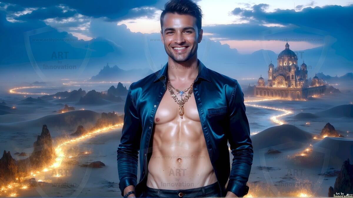 AI-generated Golden City Young Men — beautiful handsome young men in their teens and 20s on balconies overlooking a majestic golden heavenly city. 349 images by Jeff Dupler.