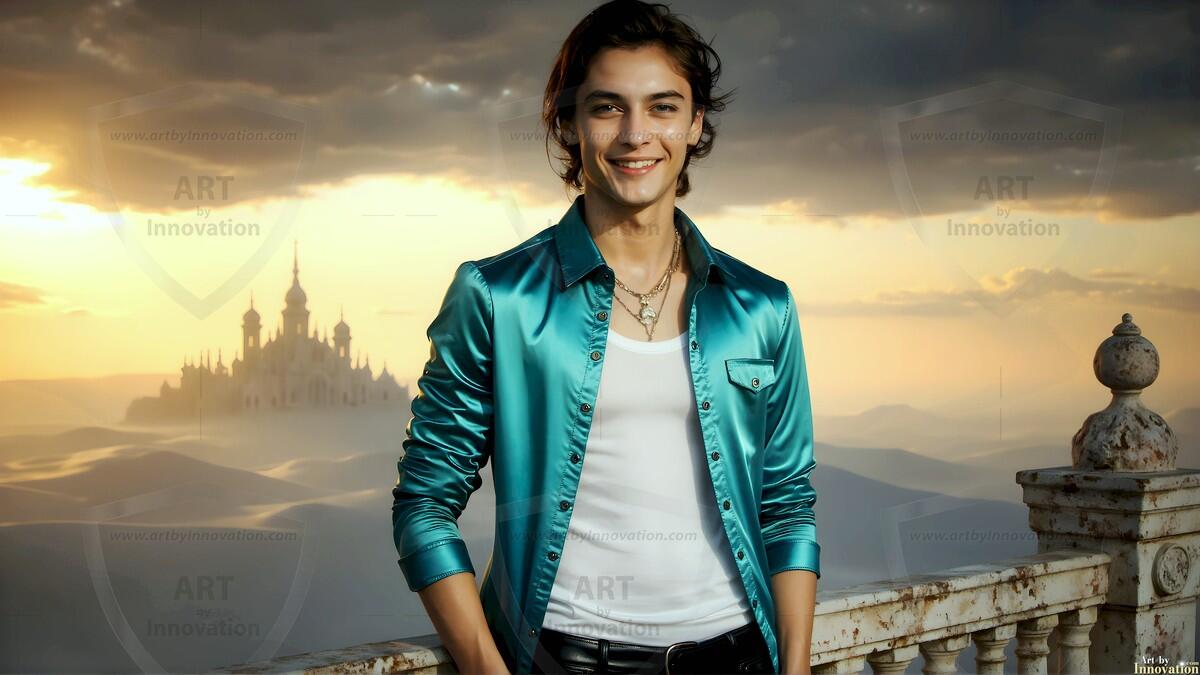 AI-generated Golden City Young Men — beautiful handsome young men in their teens and 20s on balconies overlooking a majestic golden heavenly city. 349 images by Jeff Dupler.