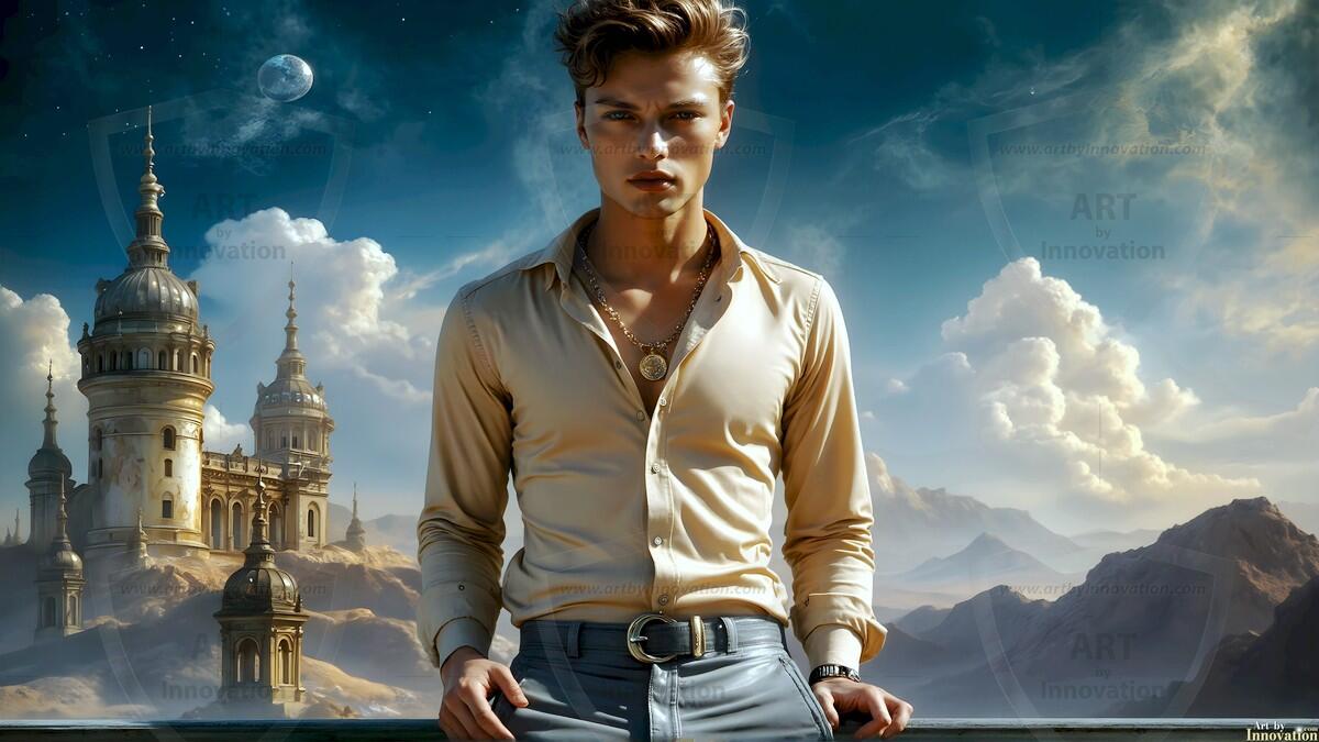 AI-generated Golden City Young Men — beautiful handsome young men in their teens and 20s on balconies overlooking a majestic golden heavenly city. 349 images by Jeff Dupler.