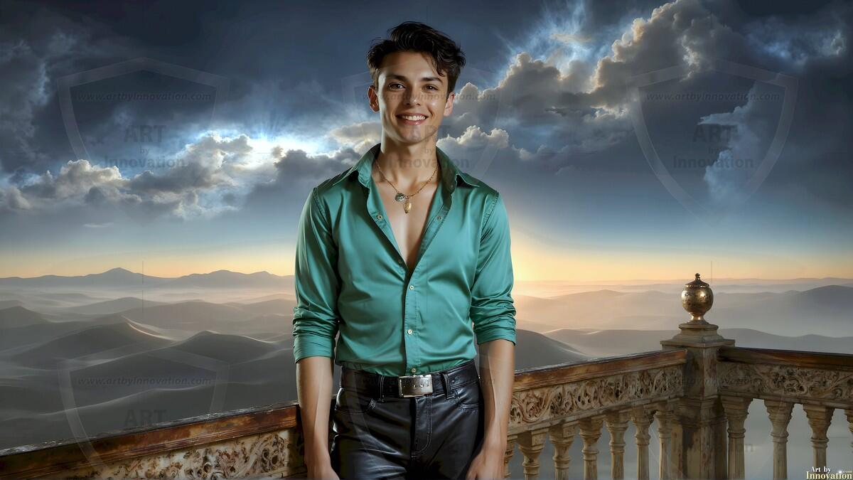 AI-generated Golden City Young Men — beautiful handsome young men in their teens and 20s on balconies overlooking a majestic golden heavenly city. 349 images by Jeff Dupler.