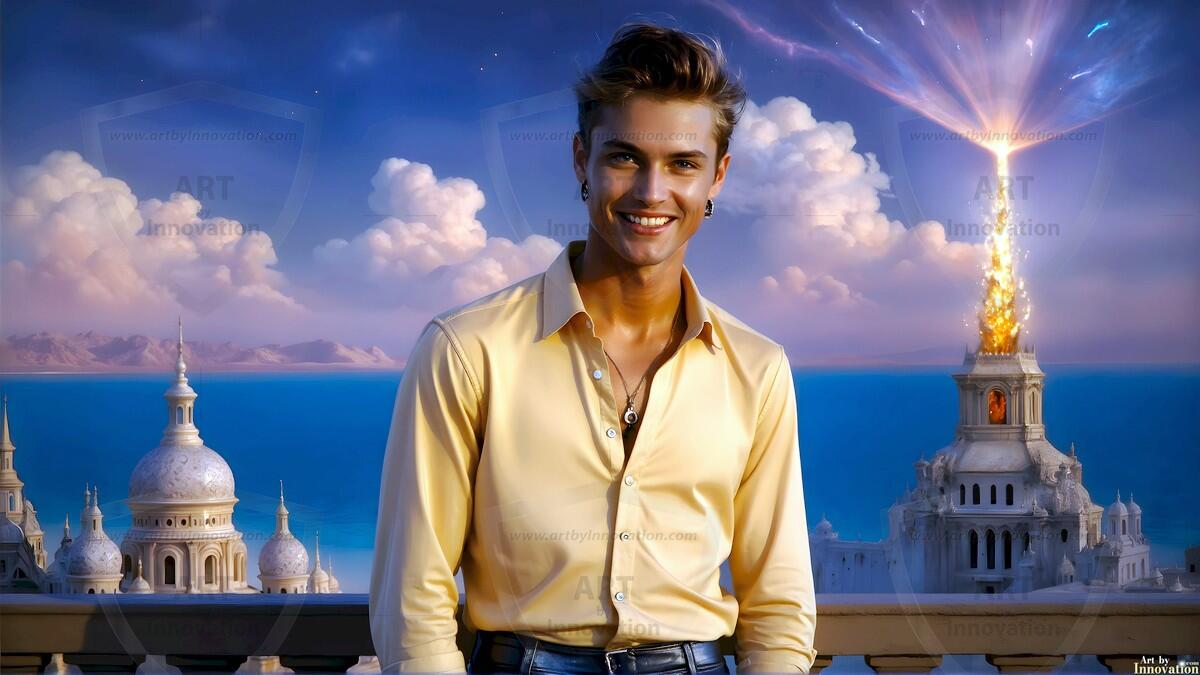 AI-generated Golden City Young Men — beautiful handsome young men in their teens and 20s on balconies overlooking a majestic golden heavenly city. 349 images by Jeff Dupler.