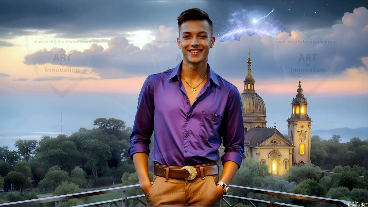 AI-generated Golden City Young Men — beautiful handsome young men in their teens and 20s on balconies overlooking a majestic golden heavenly city. 349 images by Jeff Dupler.