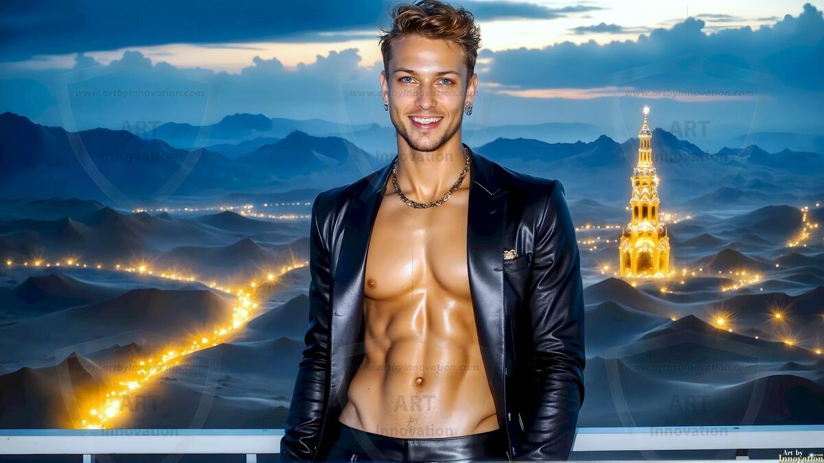 AI-generated Golden City Young Men — beautiful handsome young men in their teens and 20s on balconies overlooking a majestic golden heavenly city. 349 images by Jeff Dupler.
