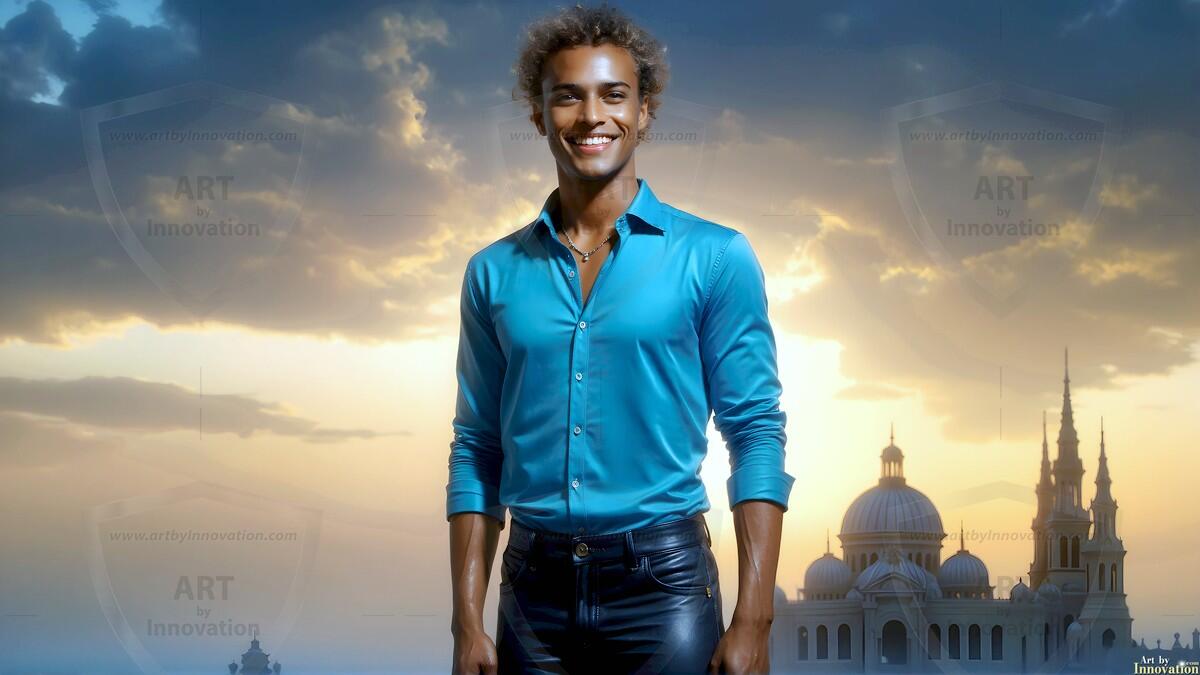 AI-generated Golden City Young Men — beautiful handsome young men in their teens and 20s on balconies overlooking a majestic golden heavenly city. 349 images by Jeff Dupler.