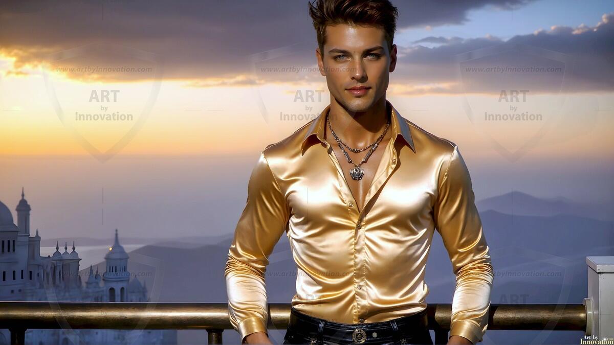 AI-generated Golden City Young Men — beautiful handsome young men in their teens and 20s on balconies overlooking a majestic golden heavenly city. 349 images by Jeff Dupler.