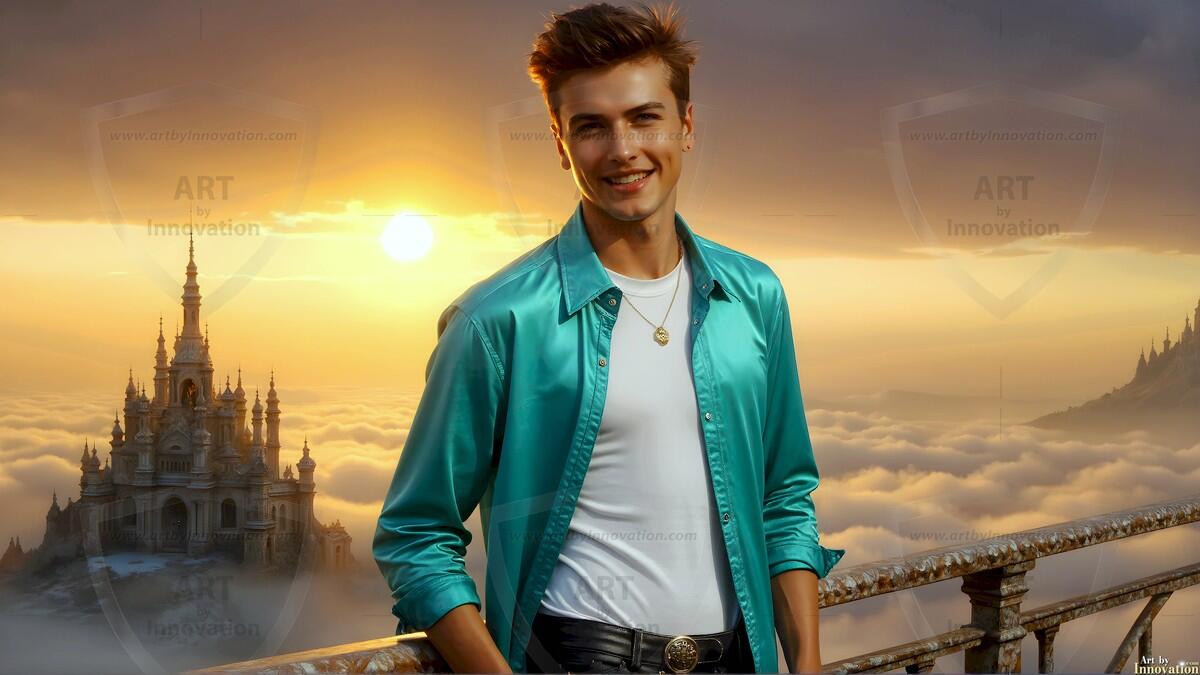 AI-generated Golden City Young Men — beautiful handsome young men in their teens and 20s on balconies overlooking a majestic golden heavenly city. 349 images by Jeff Dupler.