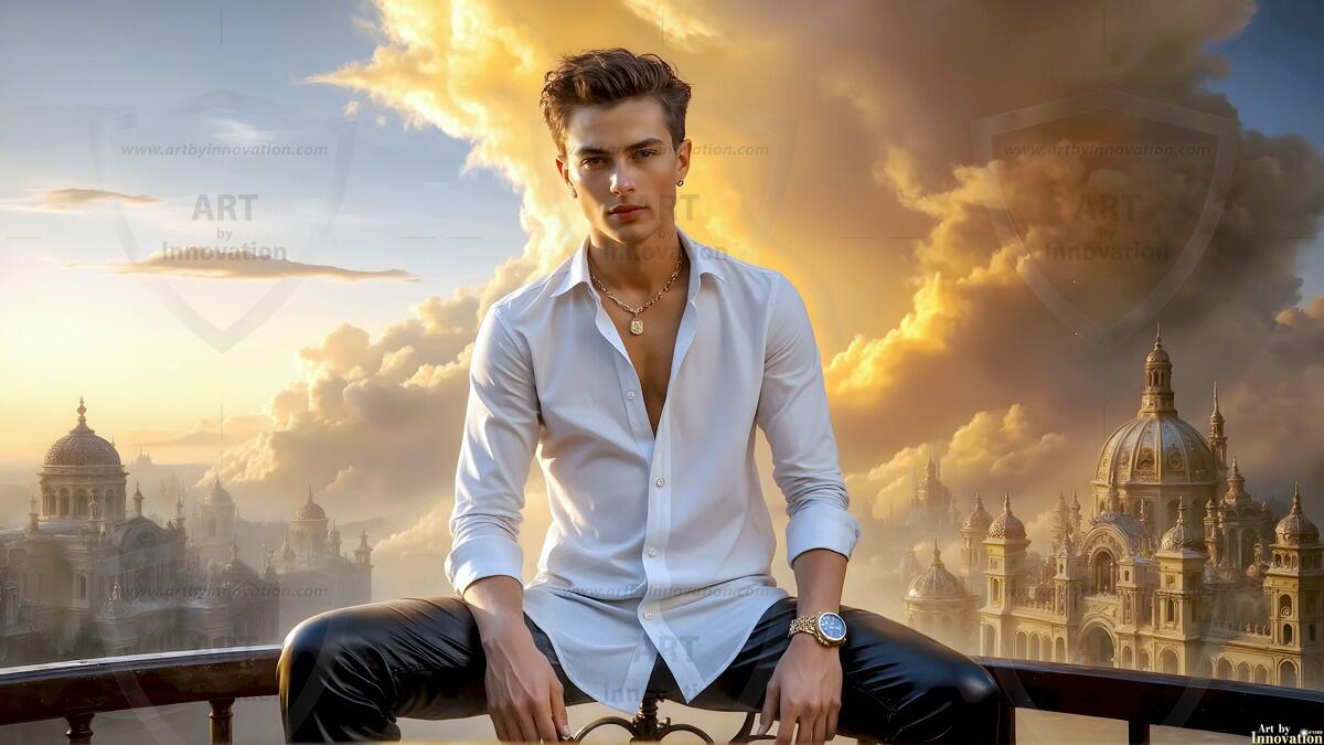 AI-generated Golden City Young Men — beautiful handsome young men in their teens and 20s on balconies overlooking a majestic golden heavenly city. 349 images by Jeff Dupler.