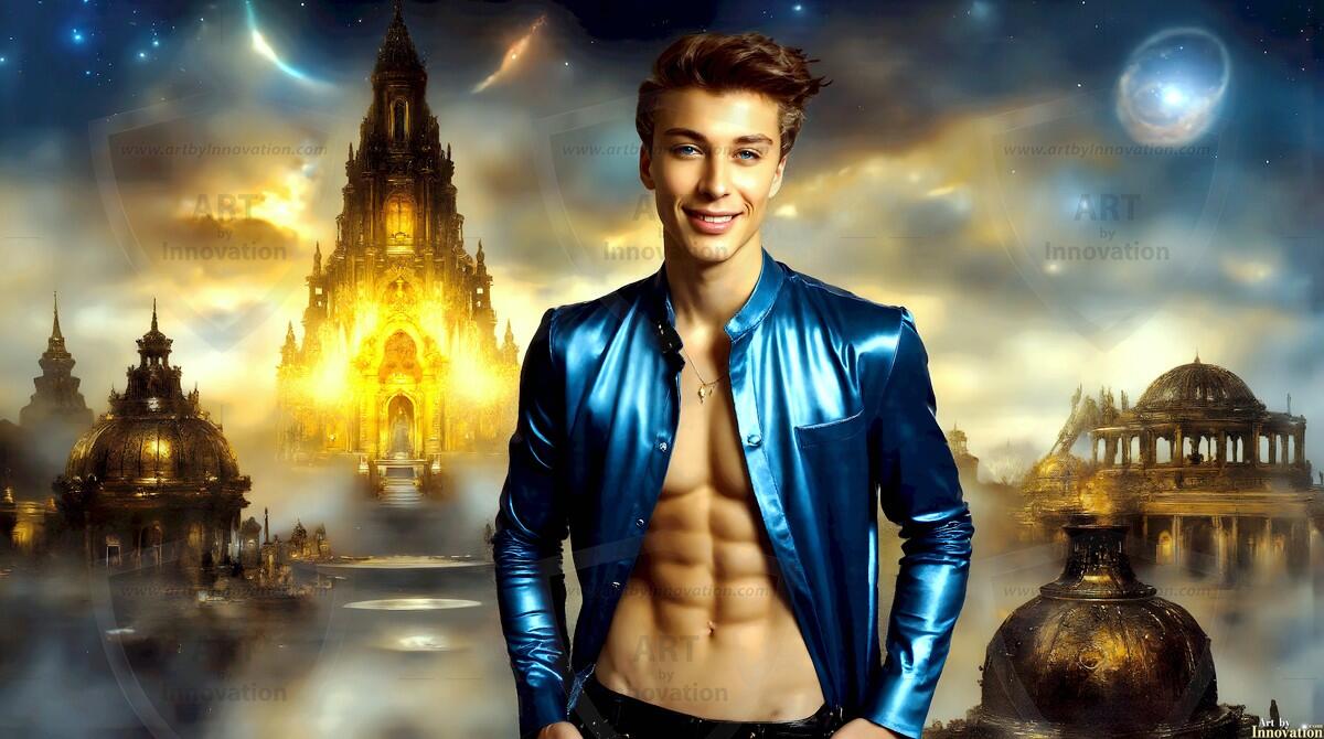 AI-generated Golden City Young Men — beautiful handsome young men in their teens and 20s on balconies overlooking a majestic golden heavenly city. 349 images by Jeff Dupler.