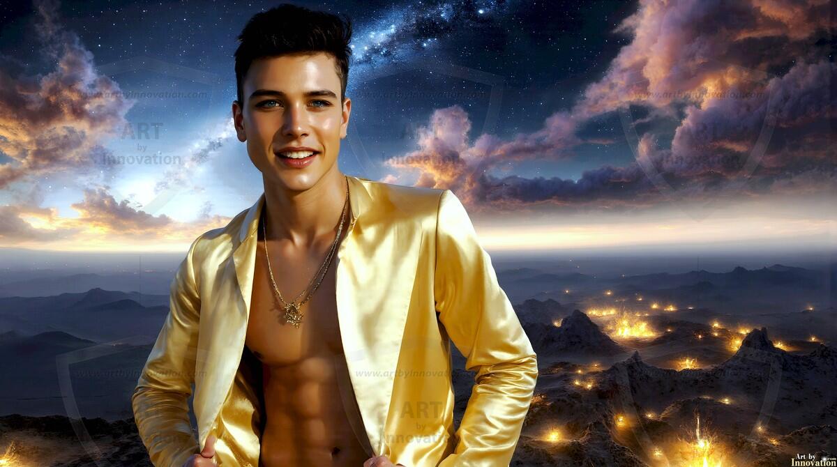 AI-generated Golden City Young Men — beautiful handsome young men in their teens and 20s on balconies overlooking a majestic golden heavenly city. 349 images by Jeff Dupler.