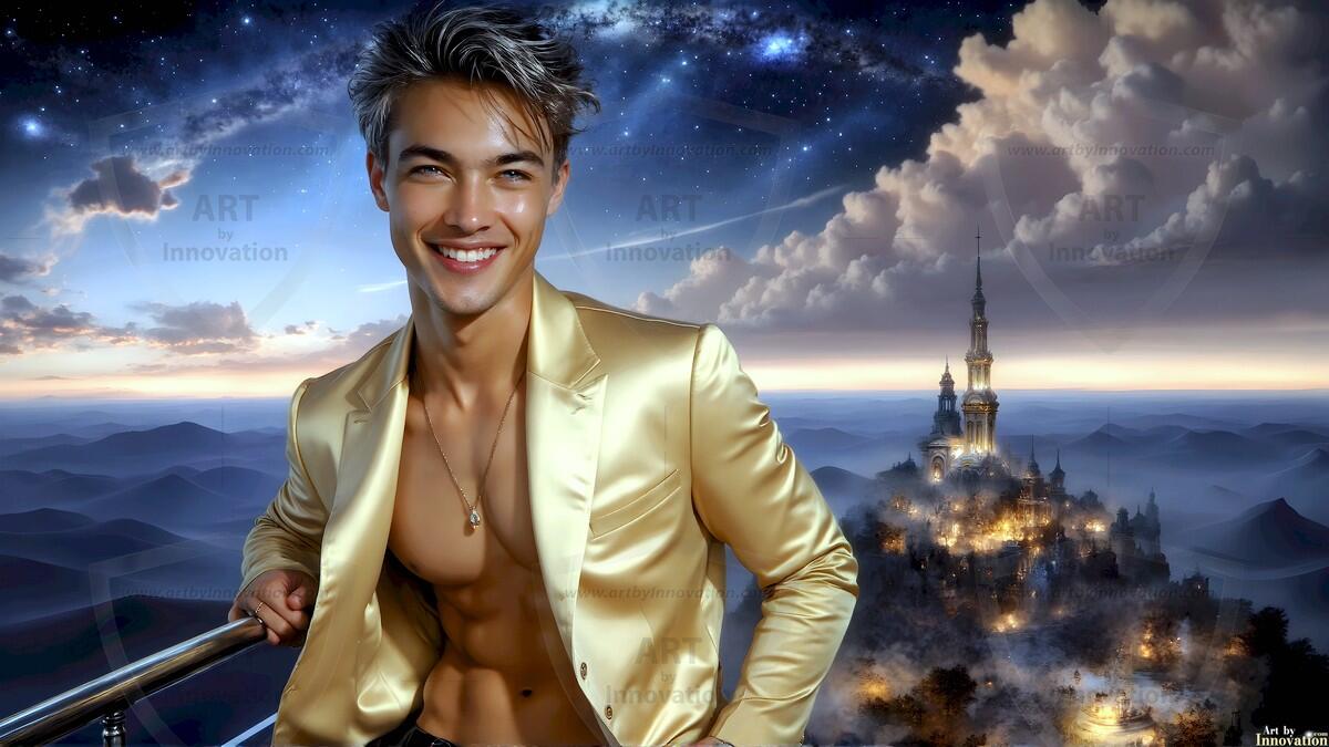 AI-generated Golden City Young Men — beautiful handsome young men in their teens and 20s on balconies overlooking a majestic golden heavenly city. 349 images by Jeff Dupler.