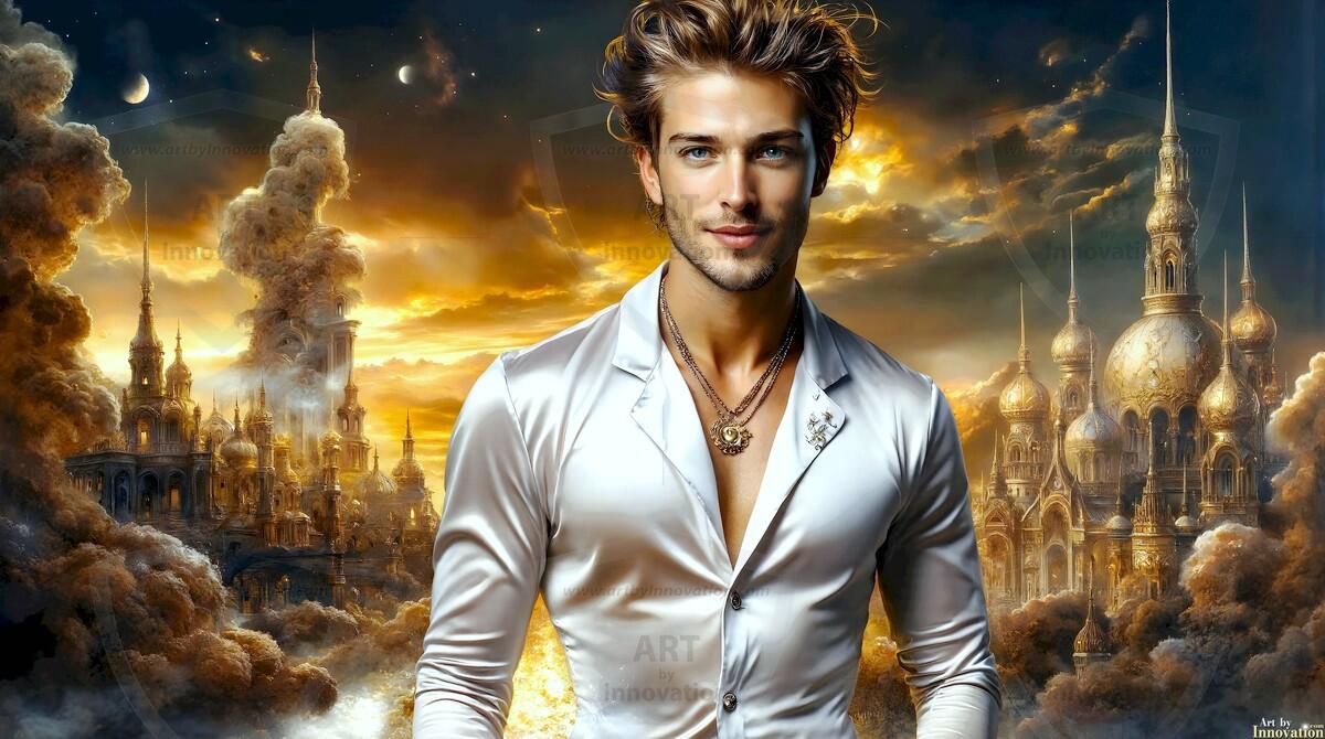 AI-generated Golden City Young Men — beautiful handsome young men in their teens and 20s on balconies overlooking a majestic golden heavenly city. 349 images by Jeff Dupler.