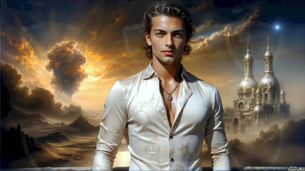 AI-generated Golden City Young Men — beautiful handsome young men in their teens and 20s on balconies overlooking a majestic golden heavenly city. 349 images by Jeff Dupler.