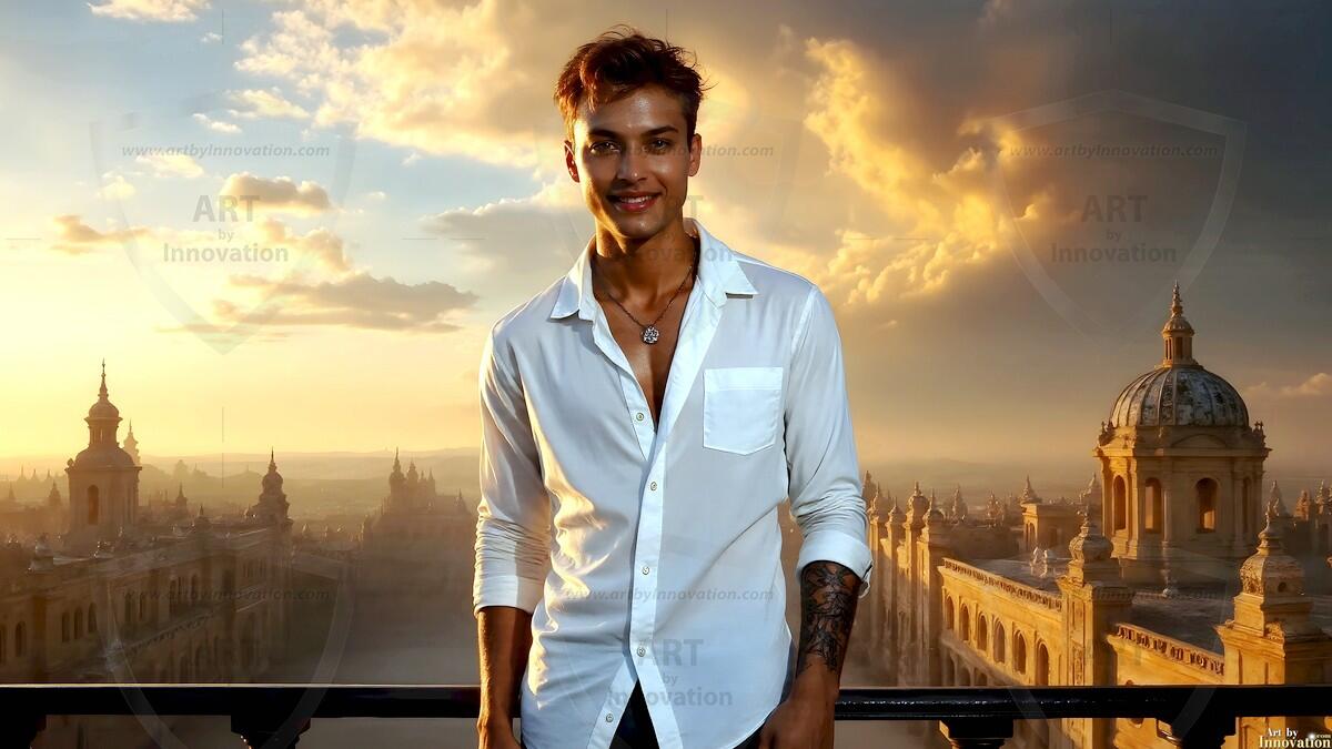 AI-generated Golden City Young Men — beautiful handsome young men in their teens and 20s on balconies overlooking a majestic golden heavenly city. 349 images by Jeff Dupler.