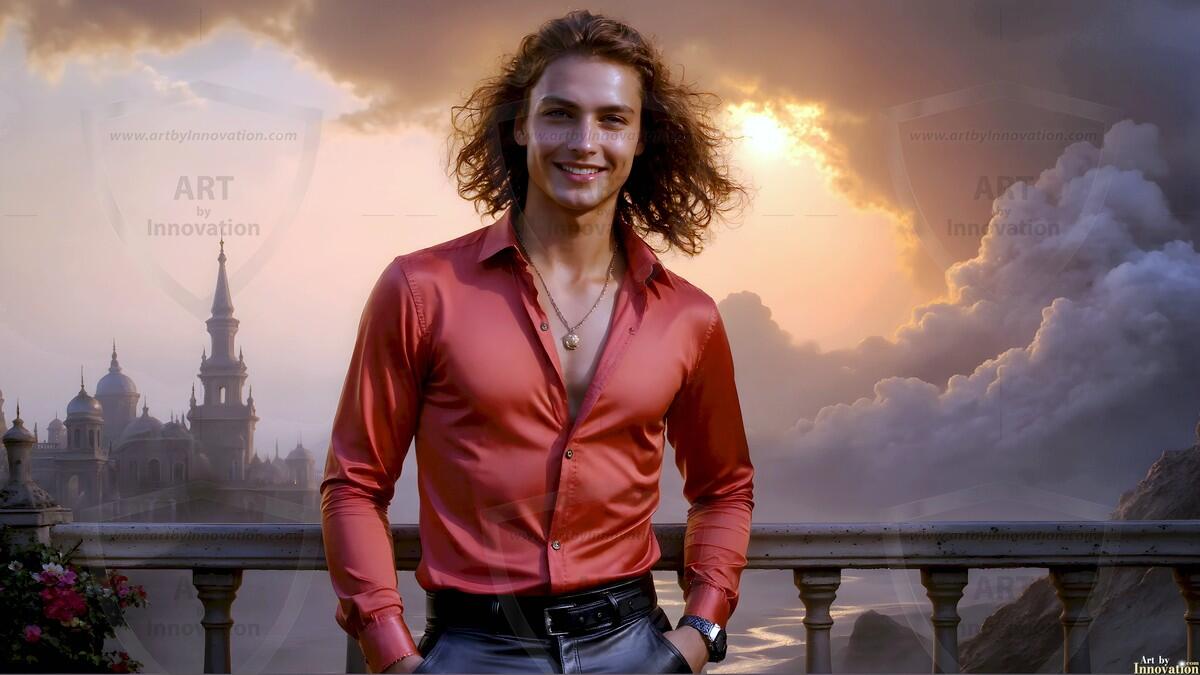 AI-generated Golden City Young Men — beautiful handsome young men in their teens and 20s on balconies overlooking a majestic golden heavenly city. 349 images by Jeff Dupler.