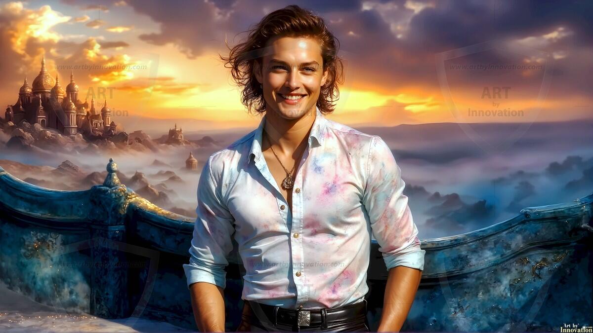 AI-generated Golden City Young Men — beautiful handsome young men in their teens and 20s on balconies overlooking a majestic golden heavenly city. 349 images by Jeff Dupler.