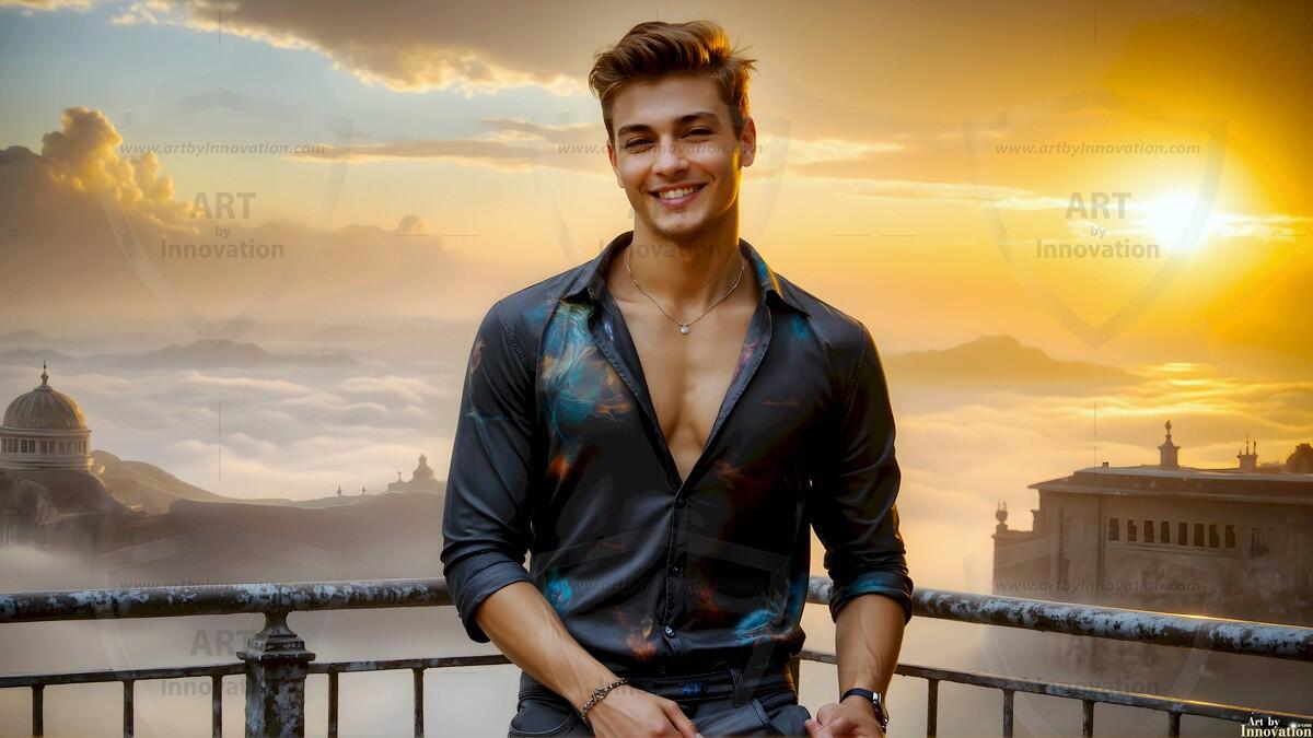 AI-generated Golden City Young Men — beautiful handsome young men in their teens and 20s on balconies overlooking a majestic golden heavenly city. 349 images by Jeff Dupler.