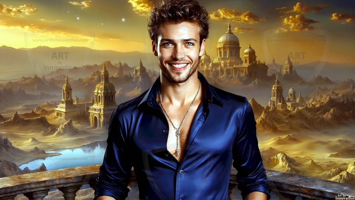 AI-generated Golden City Young Men — beautiful handsome young men in their teens and 20s on balconies overlooking a majestic golden heavenly city. 349 images by Jeff Dupler.