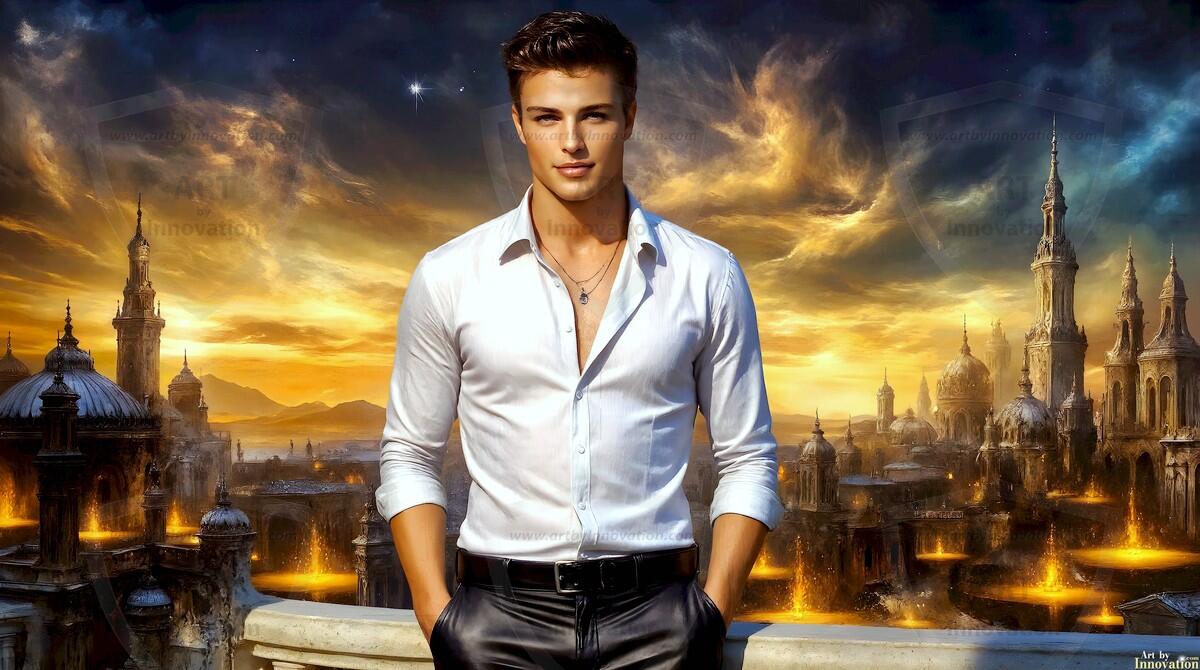 AI-generated Golden City Young Men — beautiful handsome young men in their teens and 20s on balconies overlooking a majestic golden heavenly city. 349 images by Jeff Dupler.