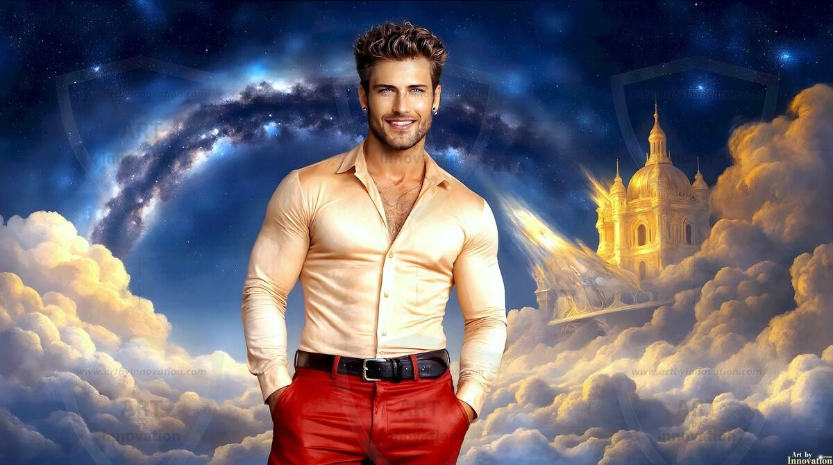AI-generated Golden City Young Men — beautiful handsome young men in their teens and 20s on balconies overlooking a majestic golden heavenly city. 349 images by Jeff Dupler.