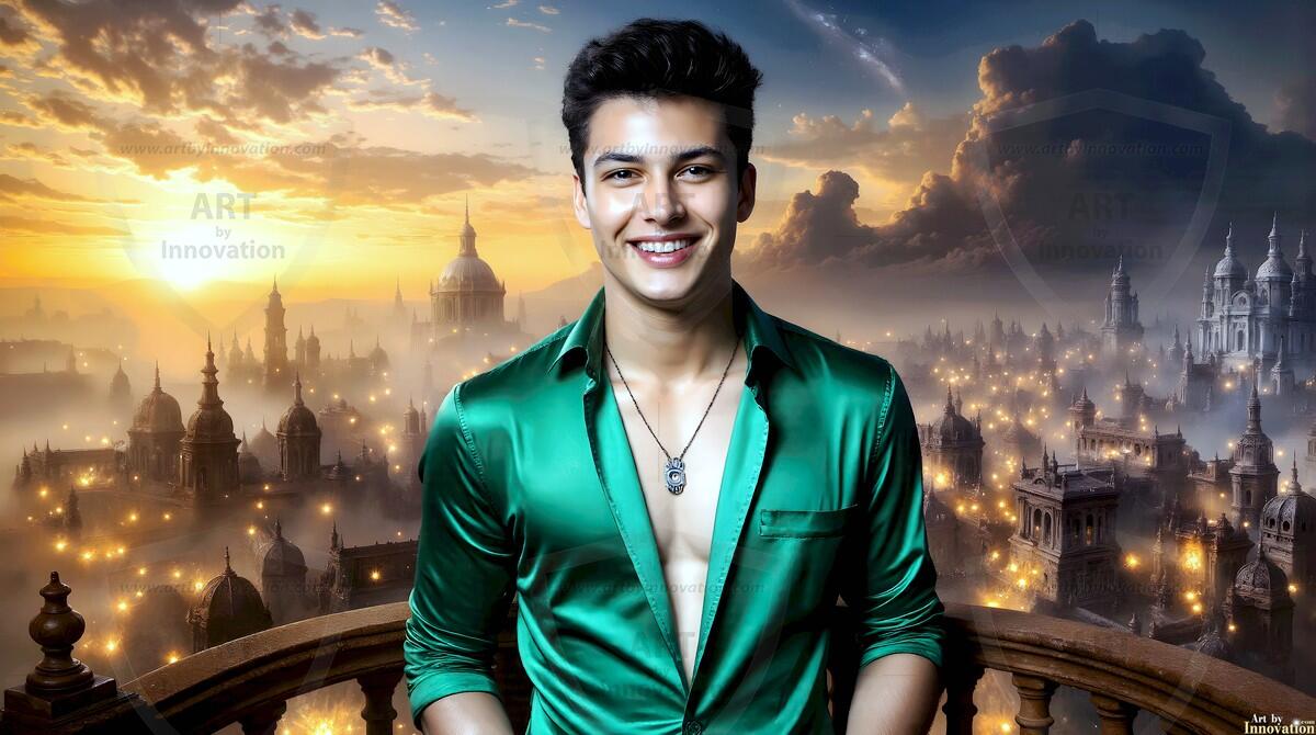 AI-generated Golden City Young Men — beautiful handsome young men in their teens and 20s on balconies overlooking a majestic golden heavenly city. 349 images by Jeff Dupler.