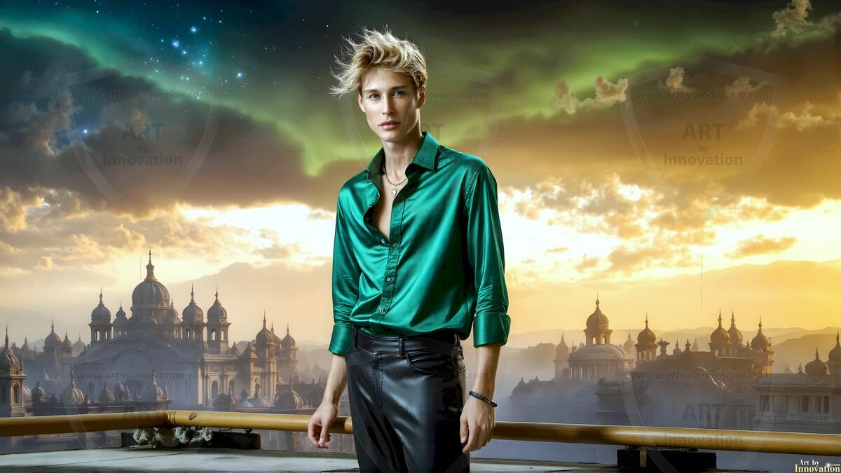 AI-generated Golden City Young Men — beautiful handsome young men in their teens and 20s on balconies overlooking a majestic golden heavenly city. 349 images by Jeff Dupler.