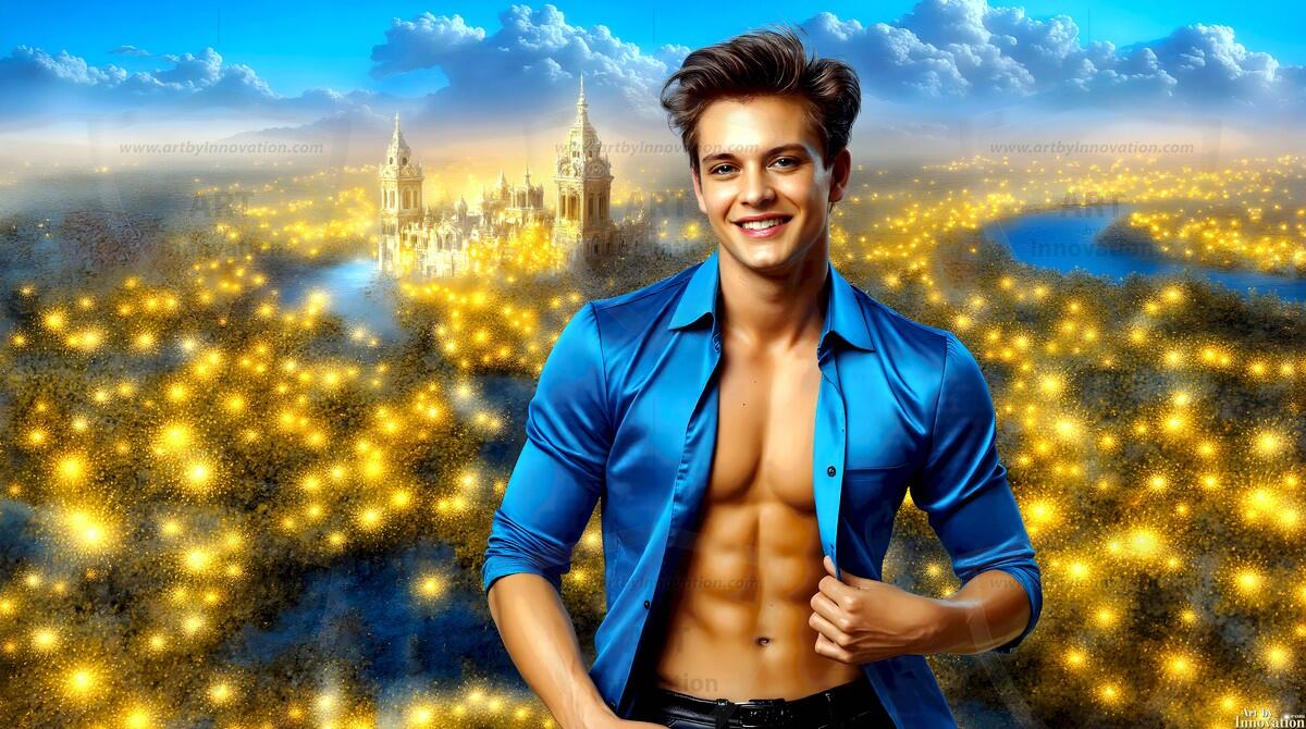 AI-generated Golden City Young Men — beautiful handsome young men in their teens and 20s on balconies overlooking a majestic golden heavenly city. 349 images by Jeff Dupler.