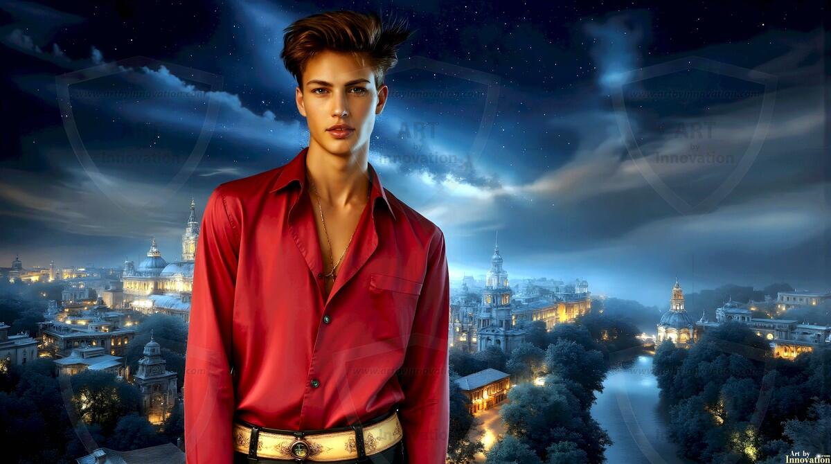 AI-generated Golden City Young Men — beautiful handsome young men in their teens and 20s on balconies overlooking a majestic golden heavenly city. 349 images by Jeff Dupler.