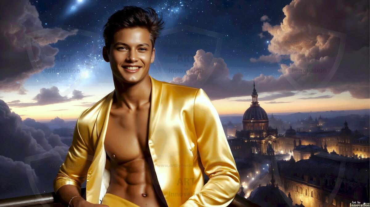 AI-generated Golden City Young Men — beautiful handsome young men in their teens and 20s on balconies overlooking a majestic golden heavenly city. 349 images by Jeff Dupler.