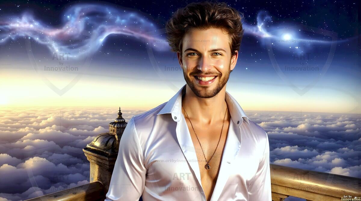 AI-generated Golden City Young Men — beautiful handsome young men in their teens and 20s on balconies overlooking a majestic golden heavenly city. 349 images by Jeff Dupler.
