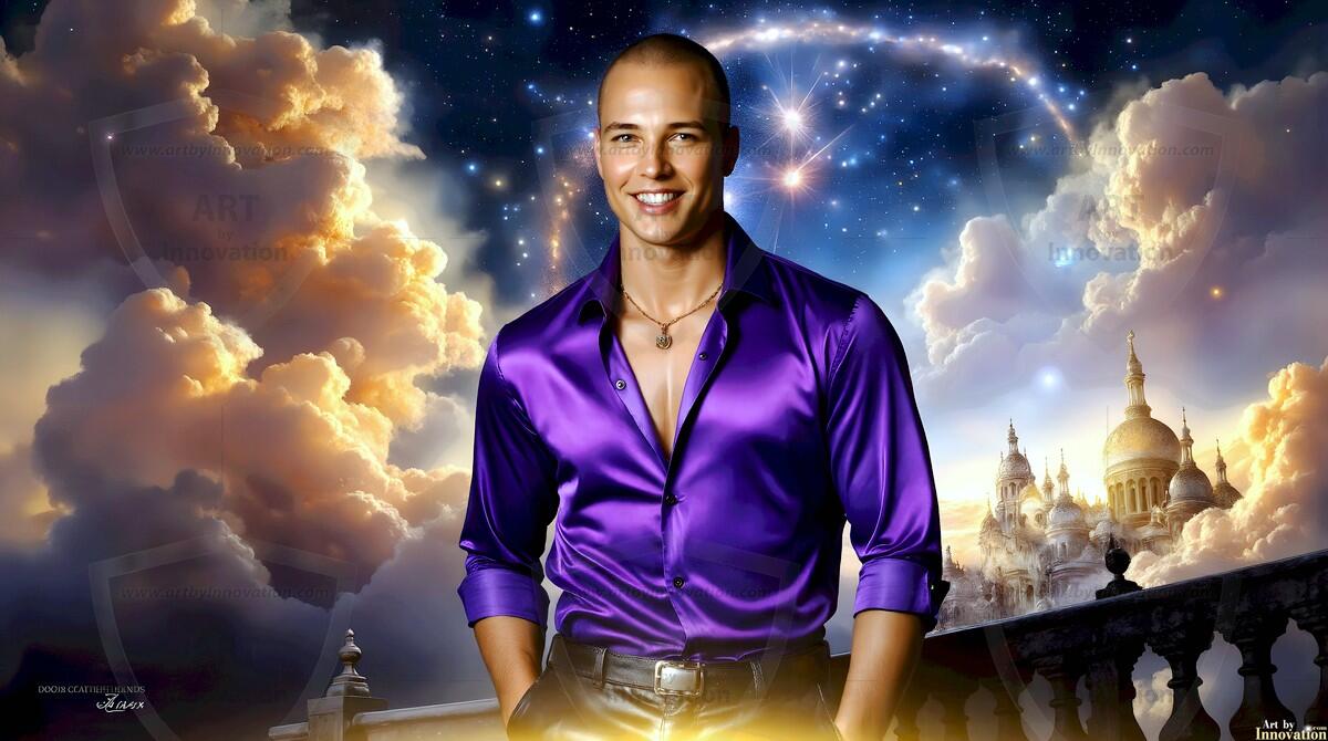AI-generated Golden City Young Men — beautiful handsome young men in their teens and 20s on balconies overlooking a majestic golden heavenly city. 349 images by Jeff Dupler.