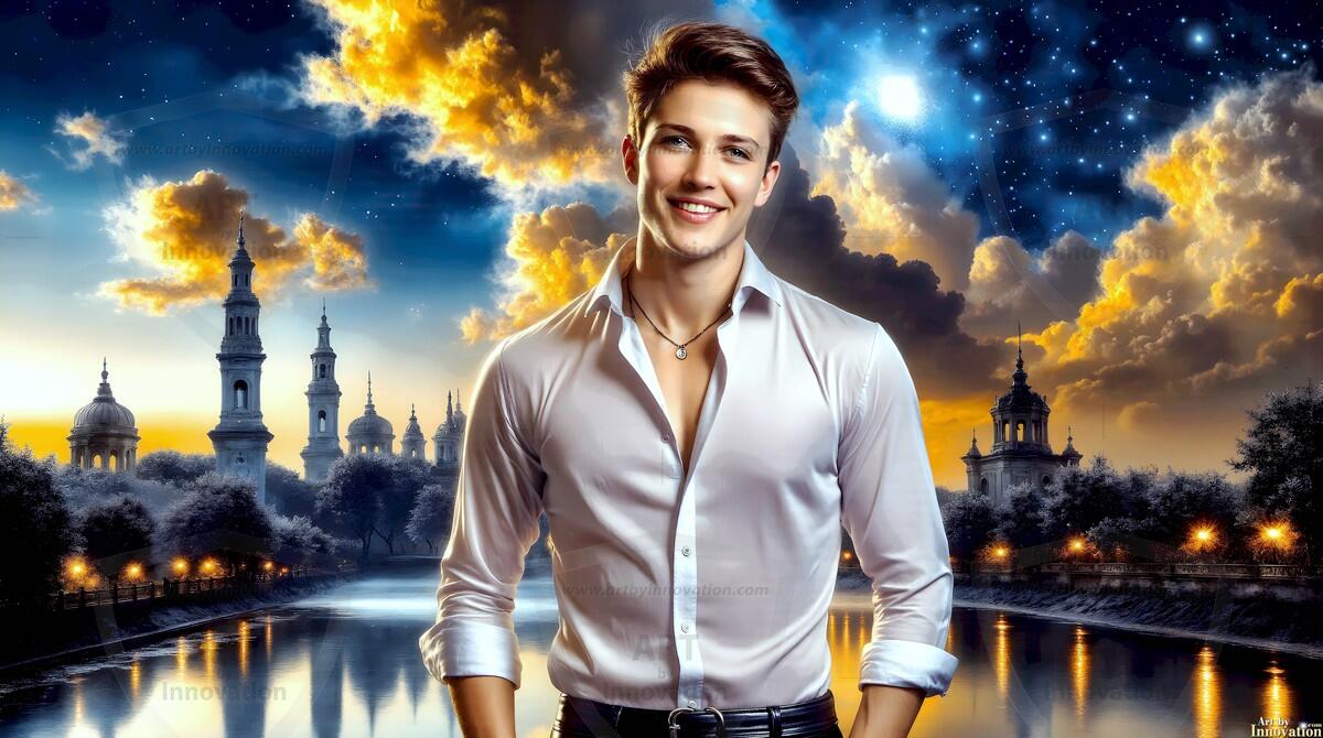 AI-generated Golden City Young Men — beautiful handsome young men in their teens and 20s on balconies overlooking a majestic golden heavenly city. 349 images by Jeff Dupler.