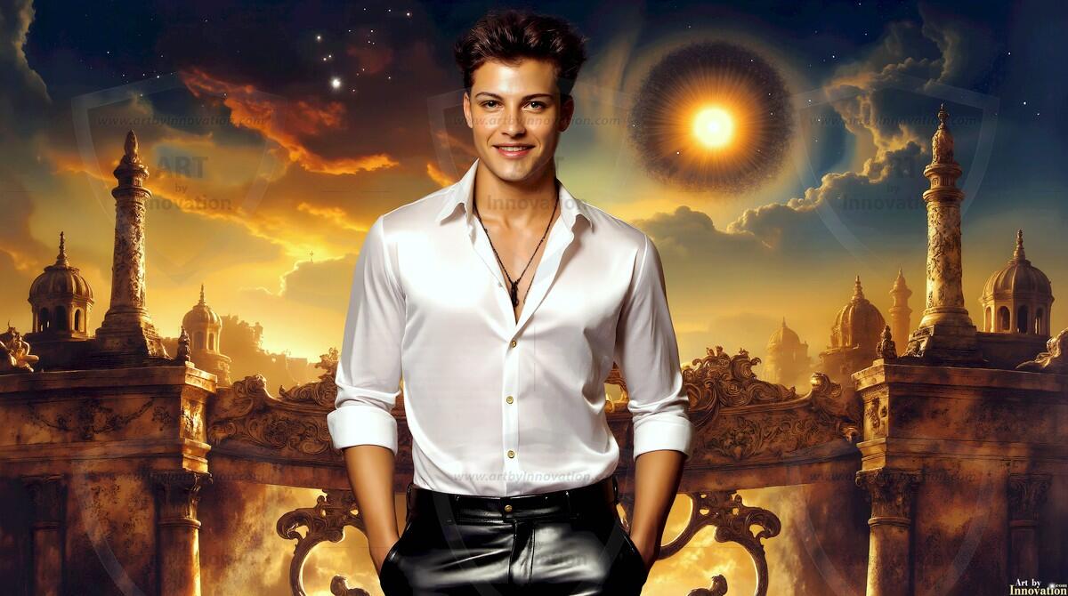 AI-generated Golden City Young Men — beautiful handsome young men in their teens and 20s on balconies overlooking a majestic golden heavenly city. 349 images by Jeff Dupler.