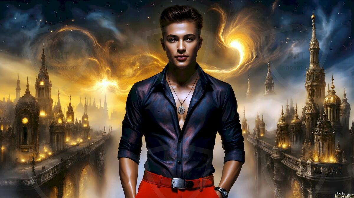 AI-generated Golden City Young Men — beautiful handsome young men in their teens and 20s on balconies overlooking a majestic golden heavenly city. 349 images by Jeff Dupler.